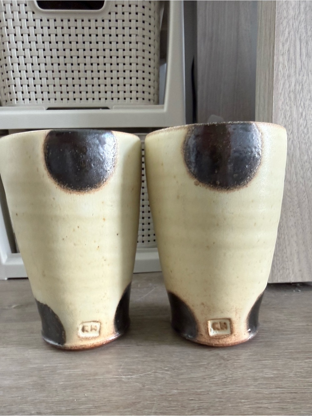 Vintage Signed Studio Pottery Tumblers Set of 2 Handmade Stoneware Cups 5" Tall